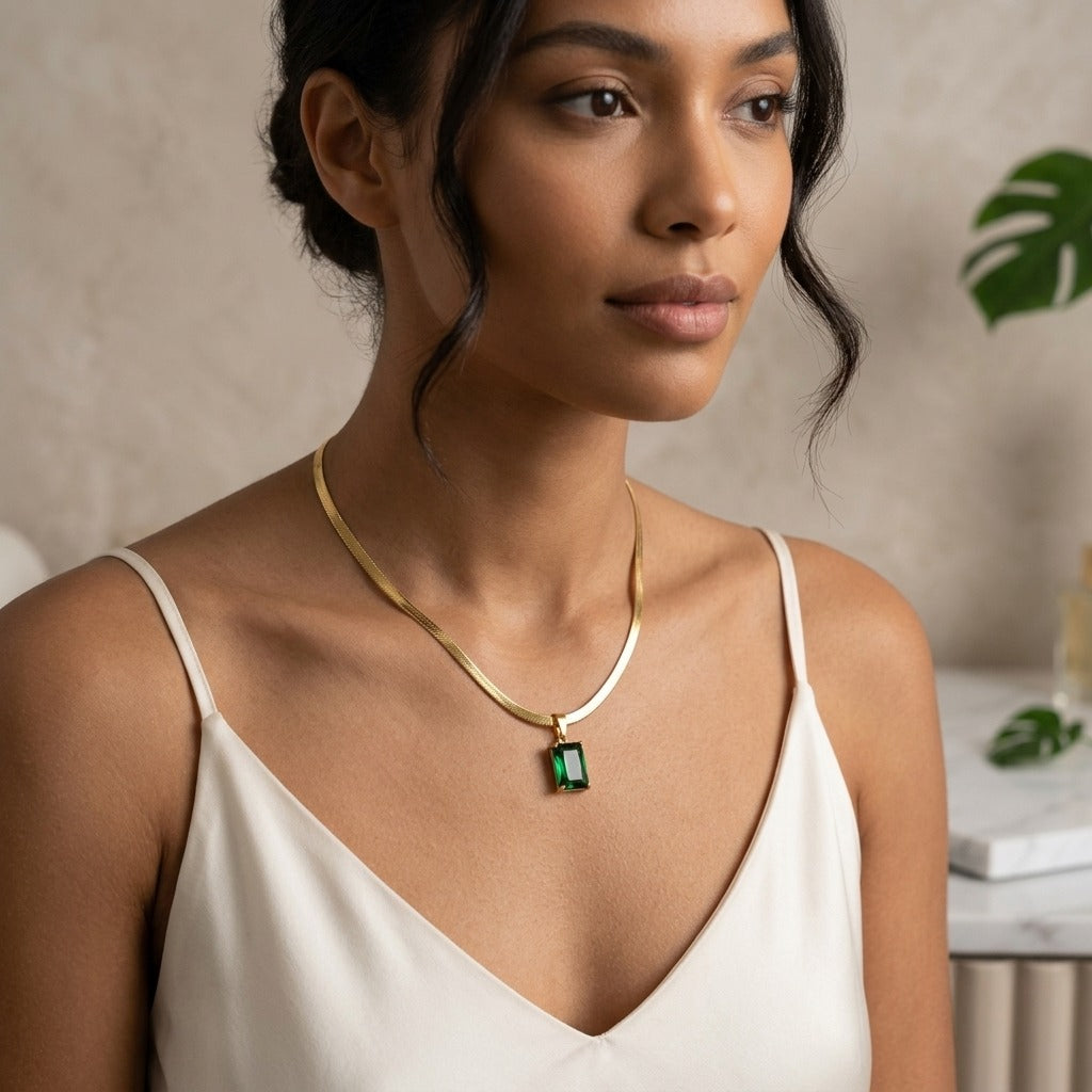 Green Emerald Pendant Necklace for Women | Gold-Tone Chain Necklace | Elegant Minimalist Jewellery | Korean Style Fashion Necklace