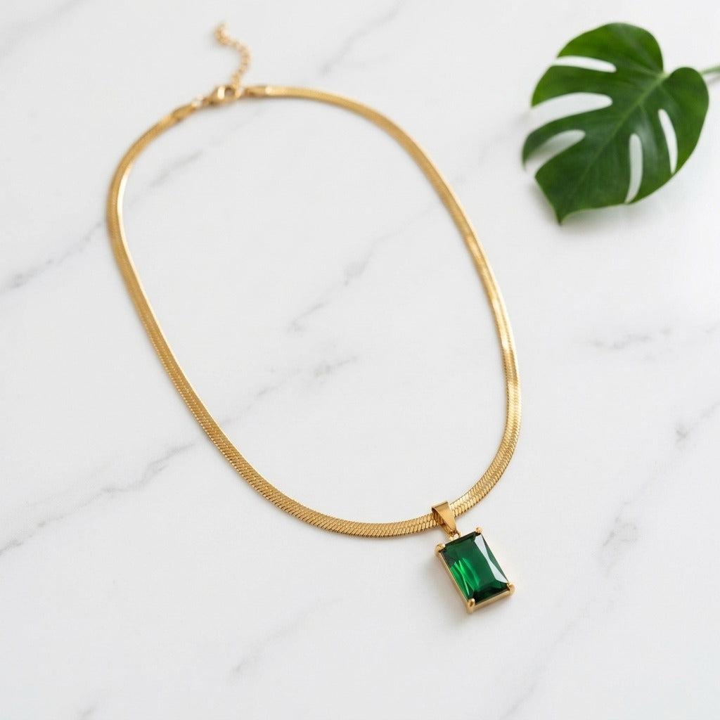 Green Emerald Pendant Necklace for Women | Gold-Tone Chain Necklace | Elegant Minimalist Jewellery | Korean Style Fashion Necklace
