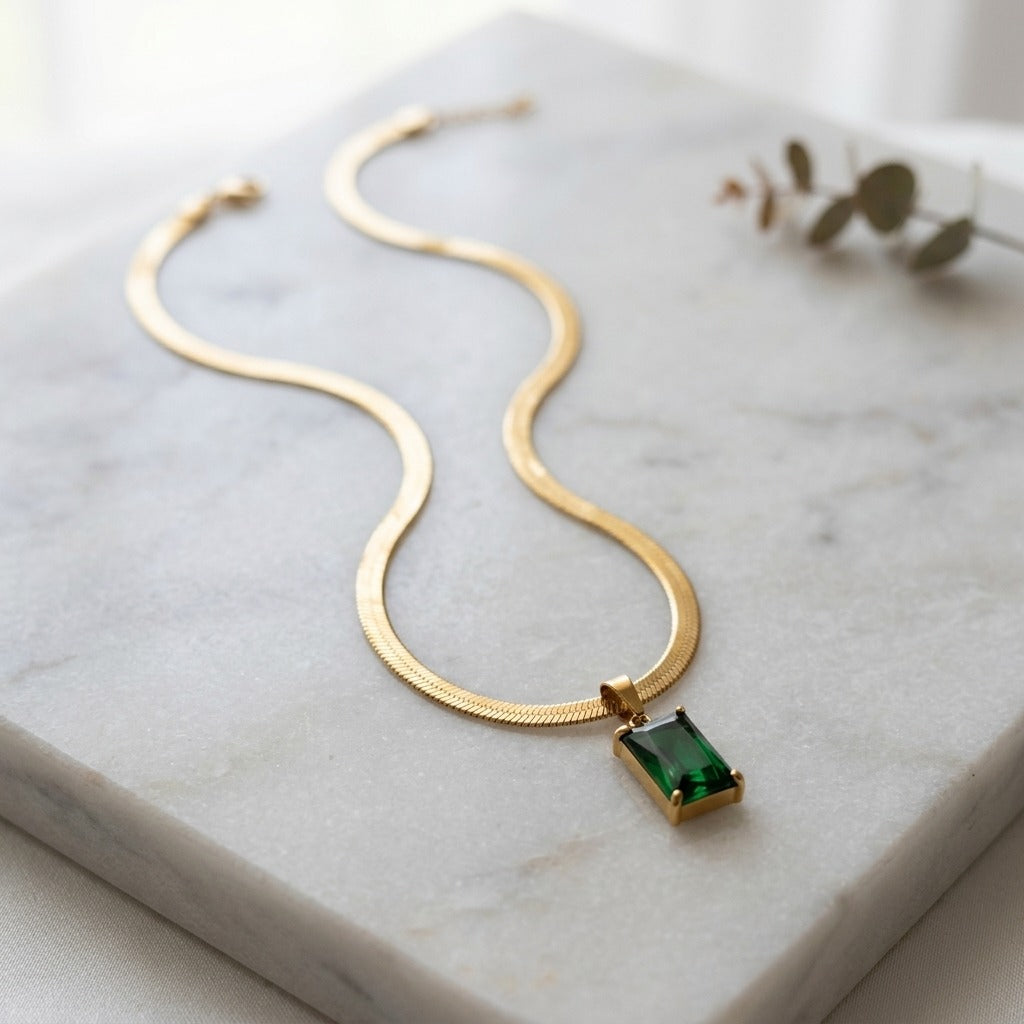 Green Emerald Pendant Necklace for Women | Gold-Tone Chain Necklace | Elegant Minimalist Jewellery | Korean Style Fashion Necklace
