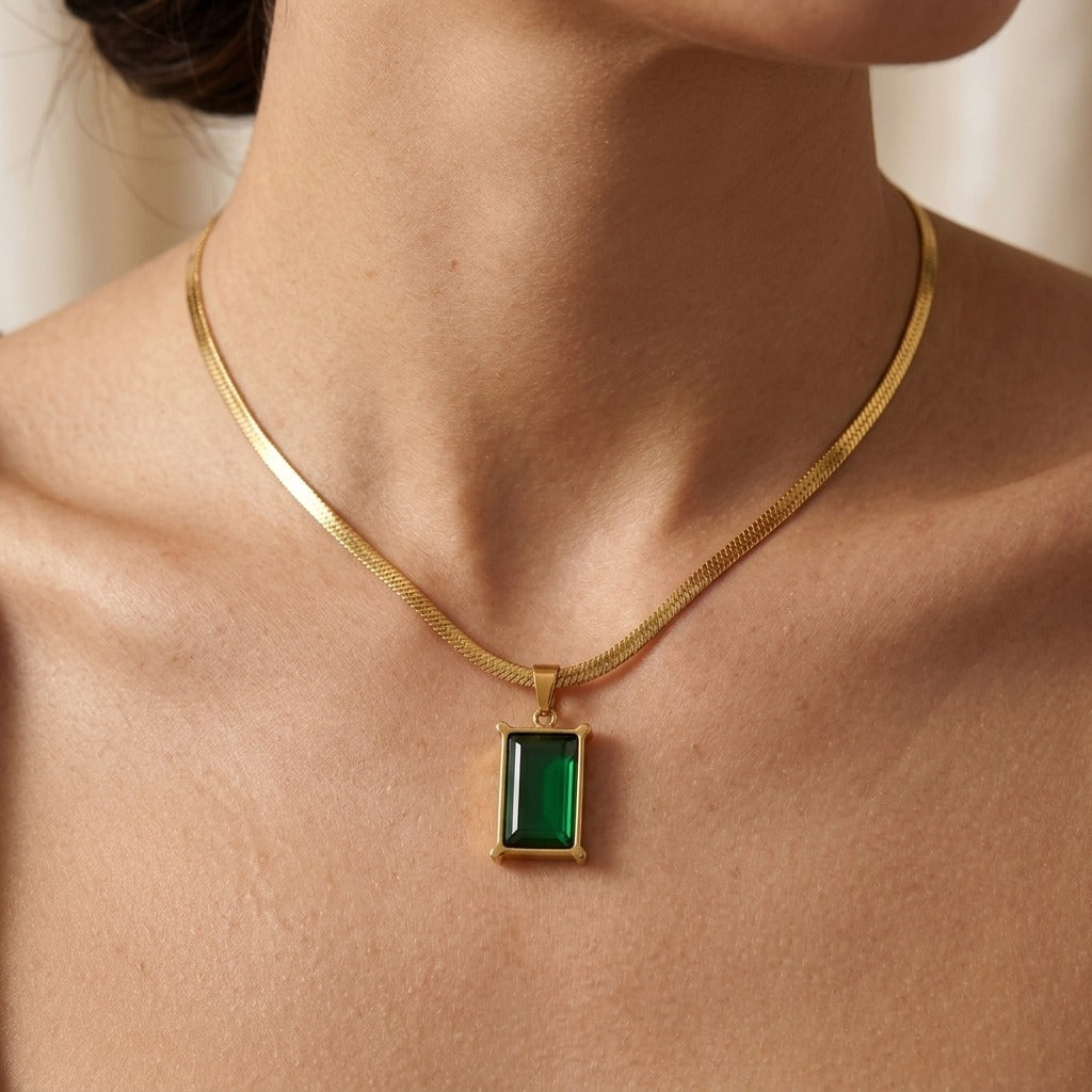 Green Emerald Pendant Necklace for Women | Gold-Tone Chain Necklace | Elegant Minimalist Jewellery | Korean Style Fashion Necklace