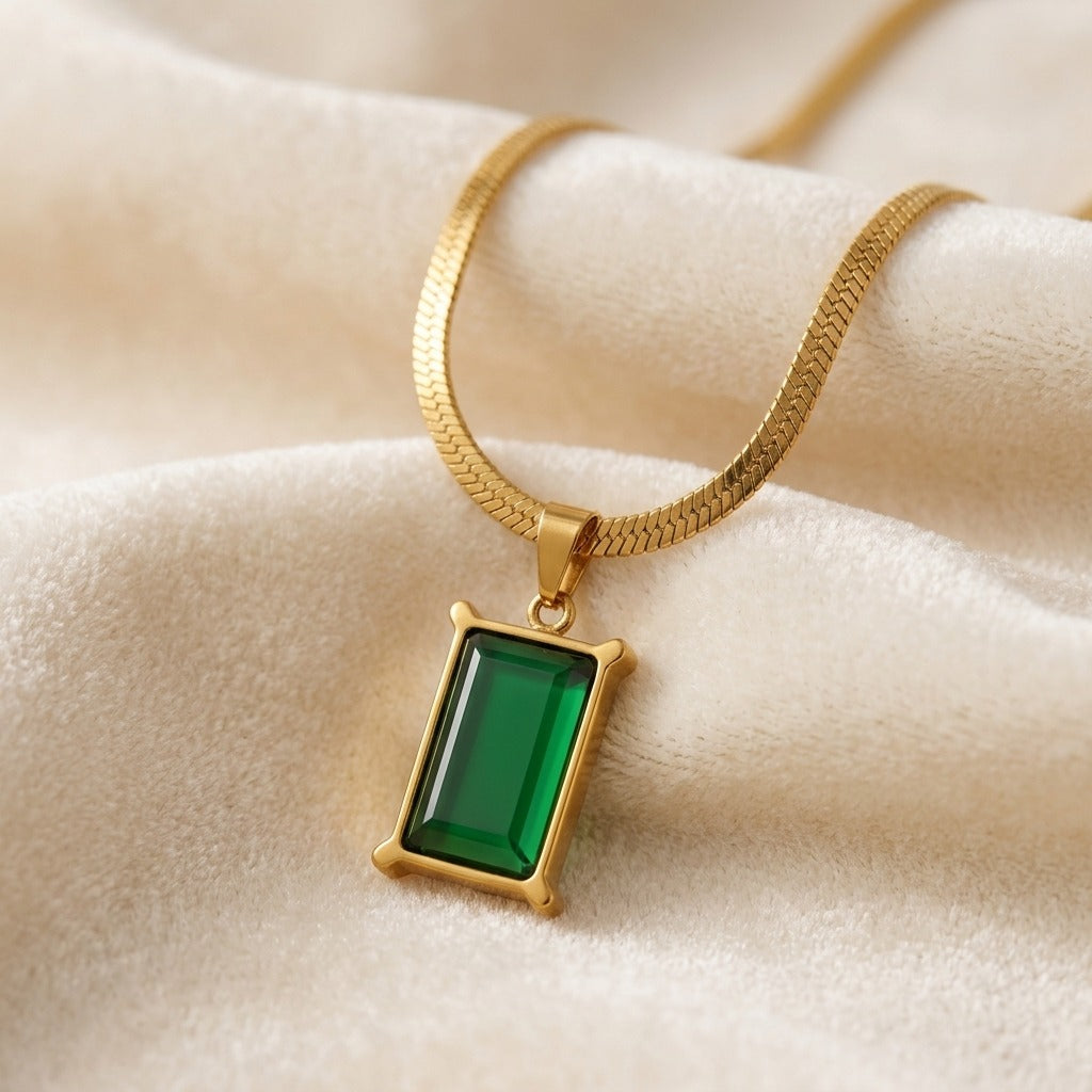 Green Emerald Pendant Necklace for Women | Gold-Tone Chain Necklace | Elegant Minimalist Jewellery | Korean Style Fashion Necklace