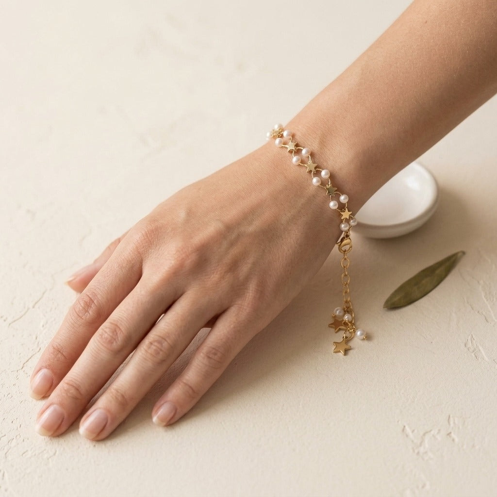 Gold Pearl Bracelet for Women | Star Charm Dainty Chain Bracelet | Korean Style Jewellery | Cute & Elegant Fashion Bracelet