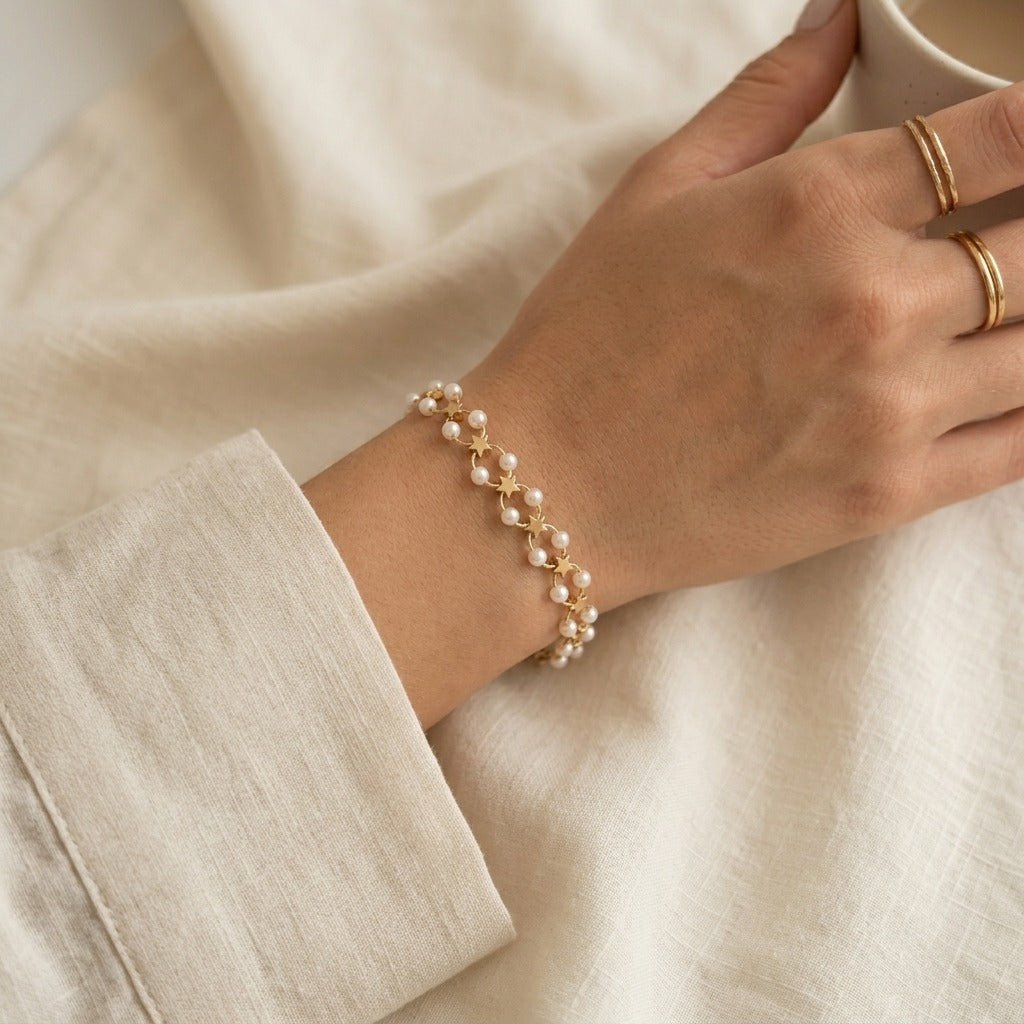 Gold Pearl Bracelet for Women | Star Charm Dainty Chain Bracelet | Korean Style Jewellery | Cute & Elegant Fashion Bracelet