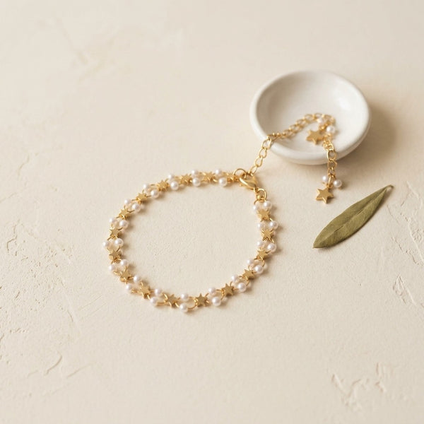 Gold Pearl Bracelet for Women | Star Charm Dainty Chain Bracelet | Korean Style Jewellery | Cute & Elegant Fashion Bracelet